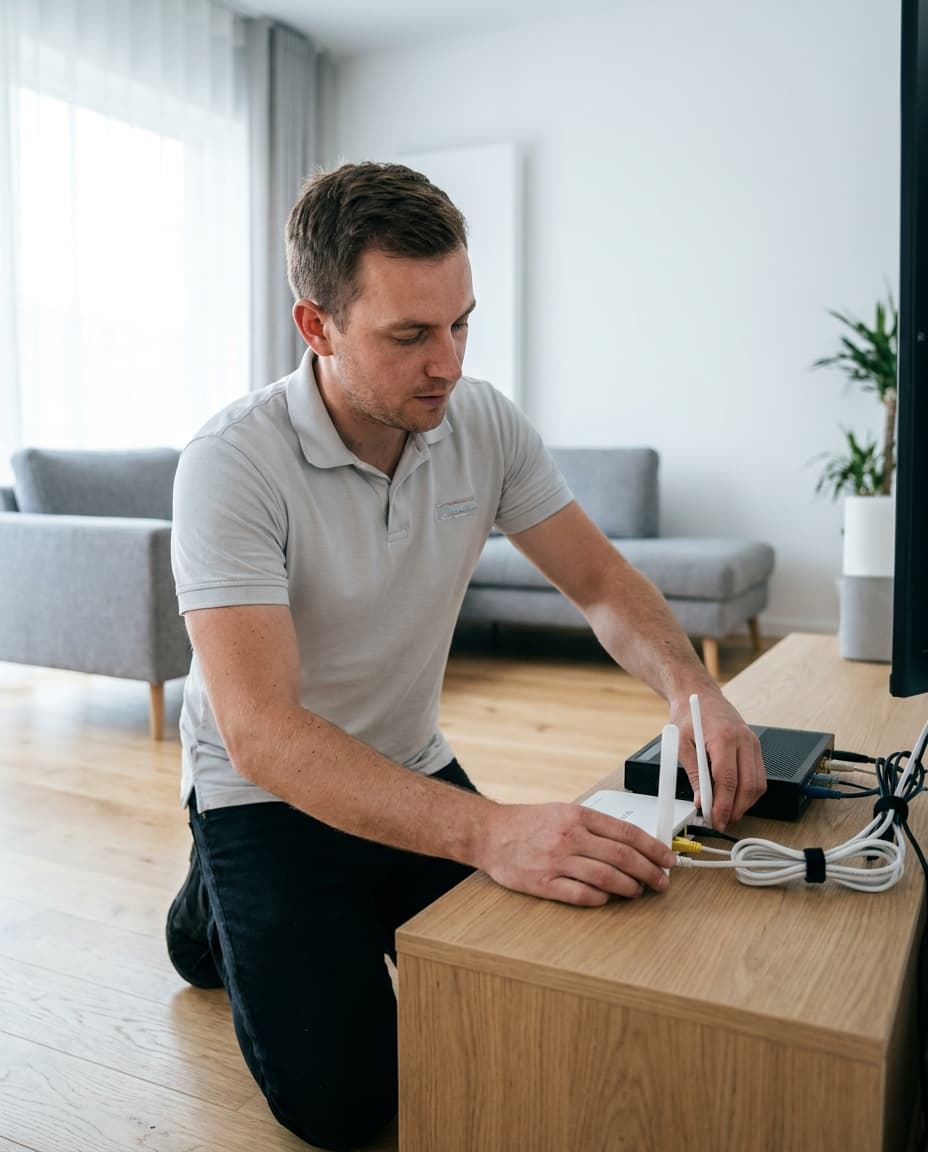 TVIN.ch Techniker installiert WLAN-Router und TV-Box in einem hellen Schweizer Zuhause