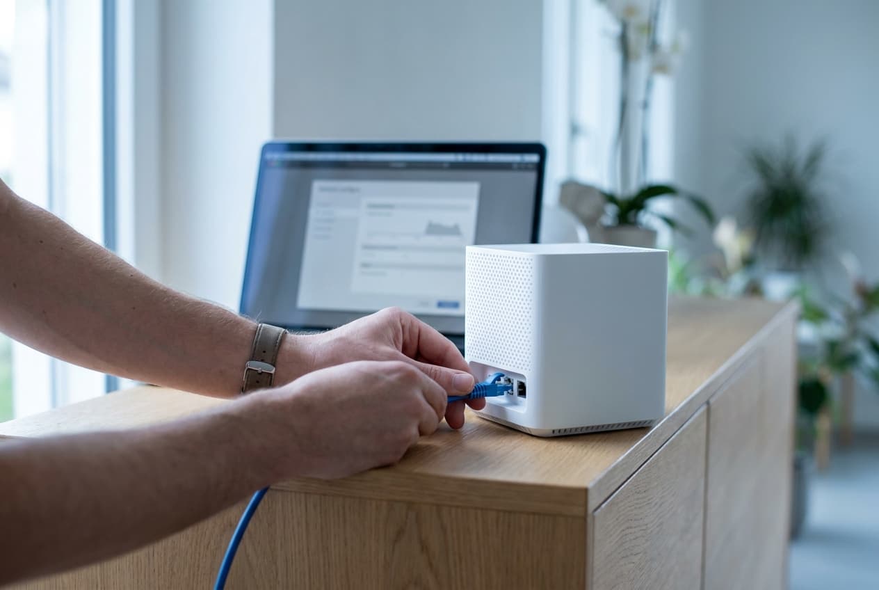 Hände stecken ein Netzwerkkabel in einen weissen WLAN-Router